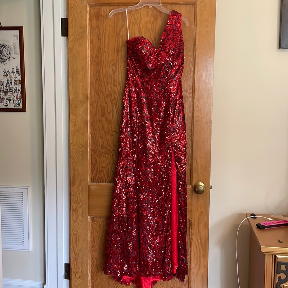 One shouldered red and black sequin dress